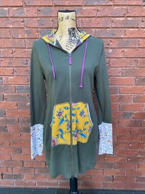 Olive Green Zip Hoodie with Yellow Floral Pockets M